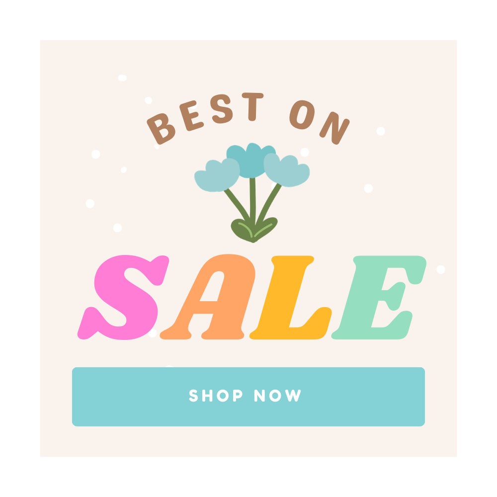 "Colorful text reads 'Best On Sale' with flowers above, set against a light background. A blue button below says 'Shop Now'. Bright and inviting design."